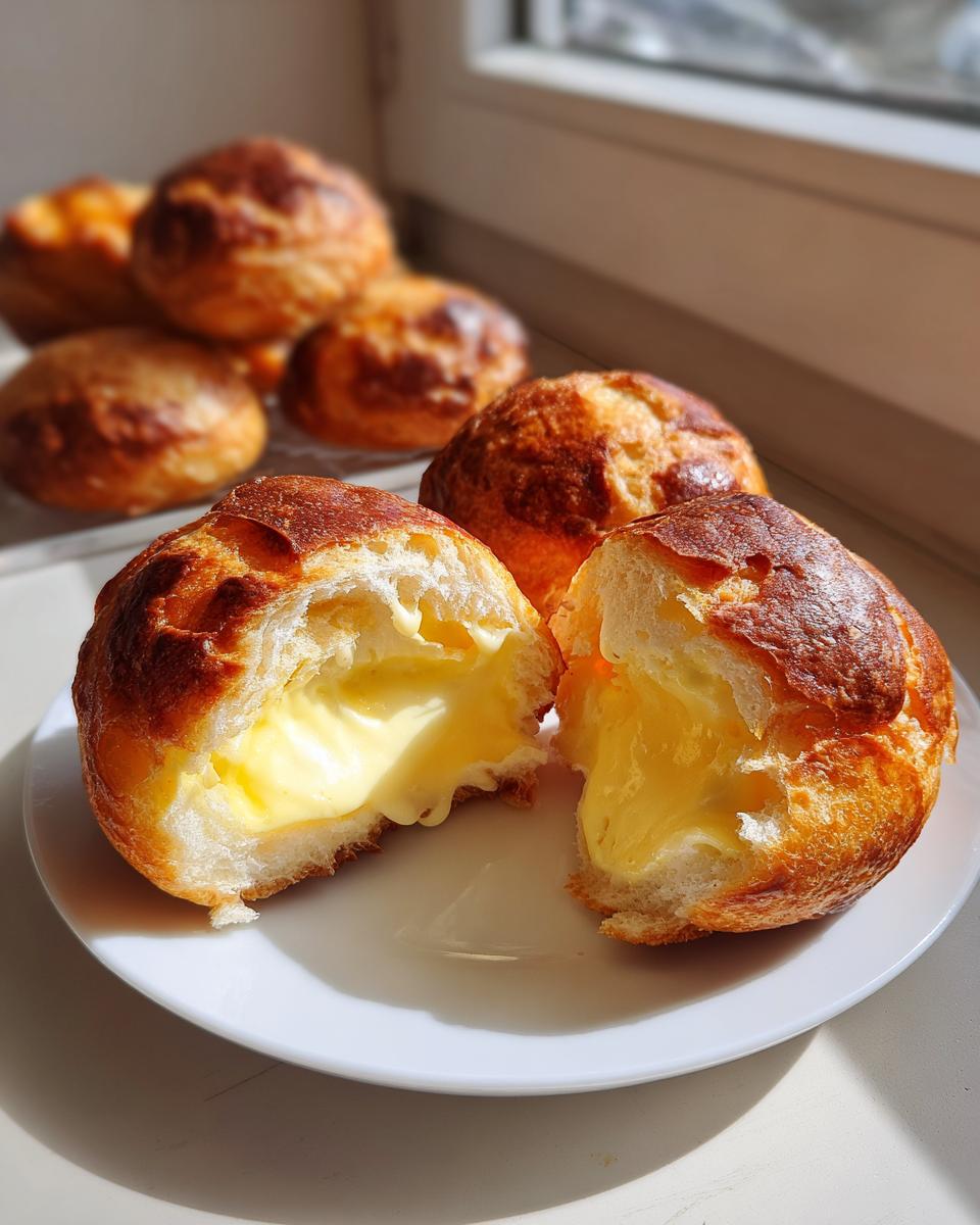 A chocolate chip vanilla custard brioche cut in half showing creamy yellow vanilla custard filling inside the golden-brown pastry.