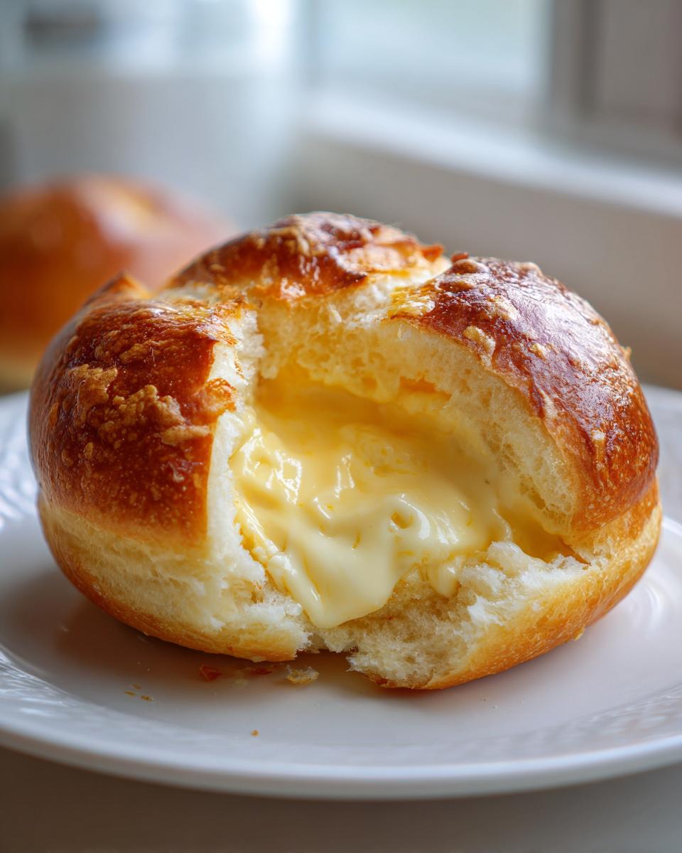A golden-brown chocolate chip vanilla custard brioche torn open to reveal rich, creamy vanilla custard filling.