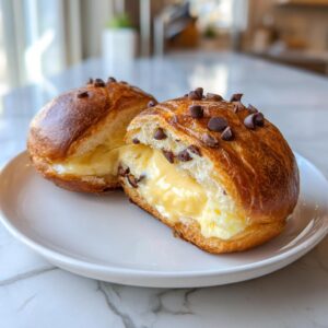 Two halves of a chocolate chip vanilla custard brioche showing the rich vanilla custard filling.