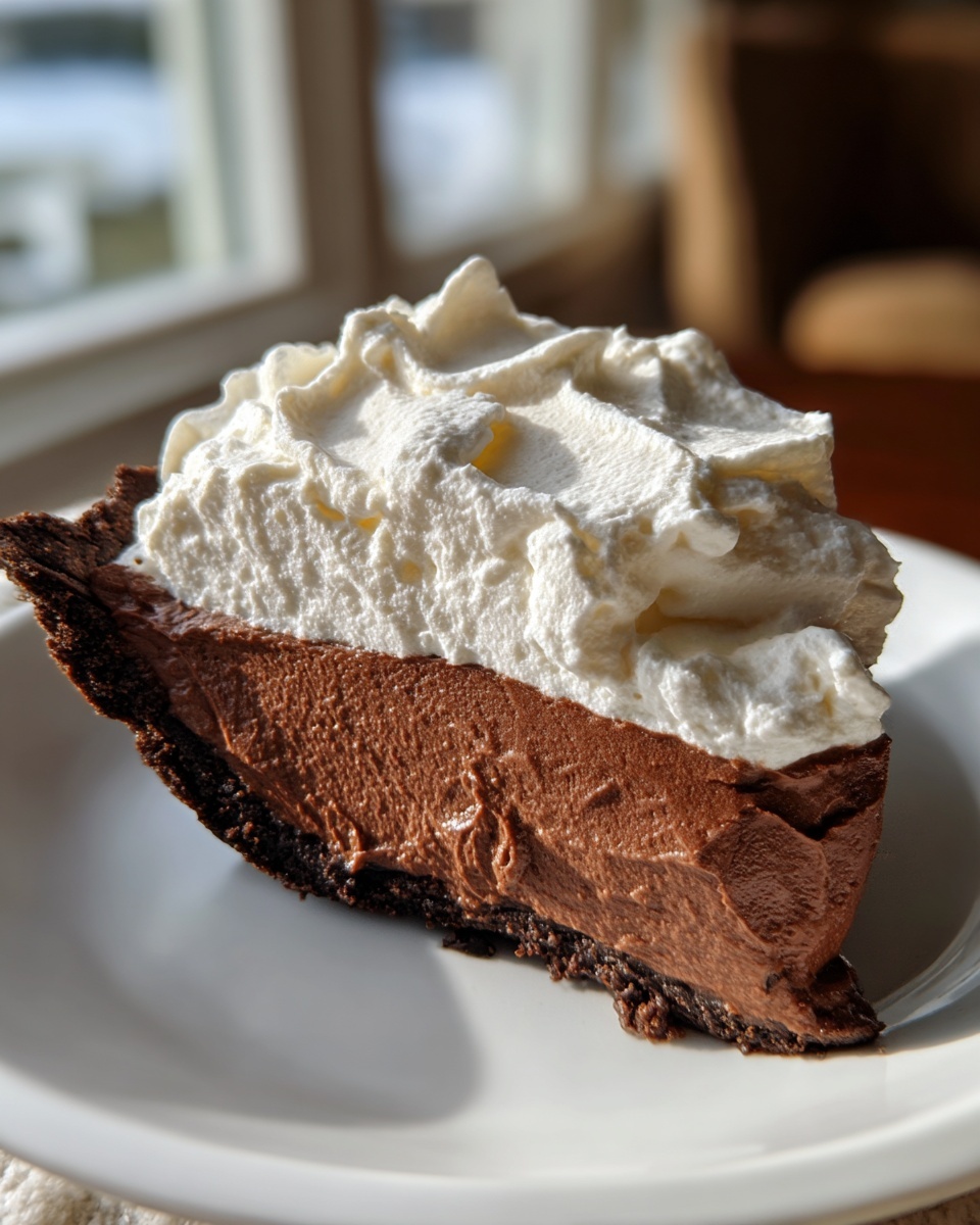 A perfect slice of chocolate cream pie with a thick, velvety filling and tall swirl of whipped cream.