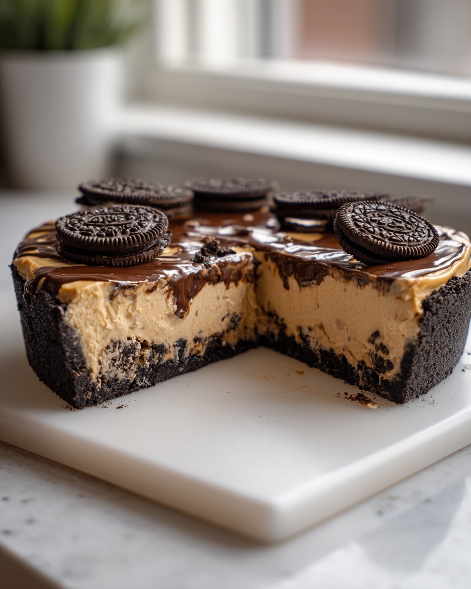 A rich chocolate peanut butter pie with a thick crust, topped with chocolate drizzle and Oreo cookies.