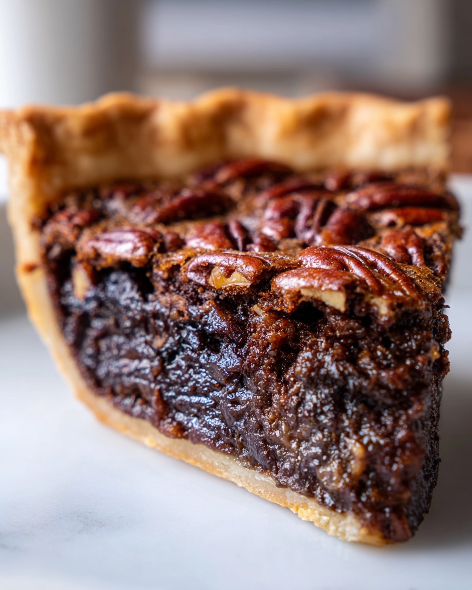 Close-up of a rich, gooey slice of chocolate pecan pie showing the dark filling and whole pecans.