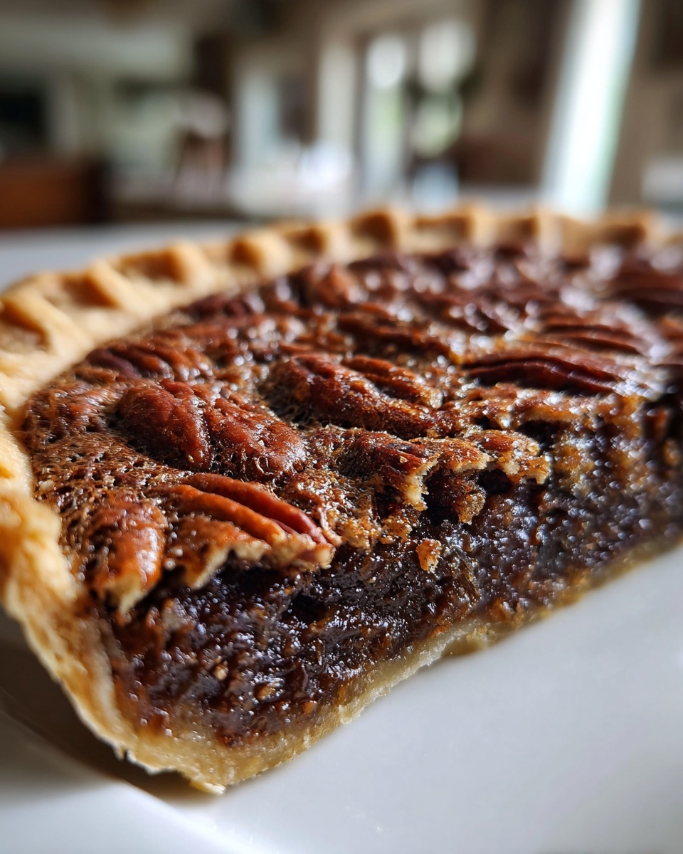 A close-up, cross-section view of a rich slice of chocolate pecan pie showing the gooey filling and pecan topping.