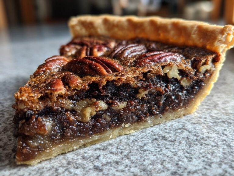 A close-up, cross-section view of a slice of rich chocolate pecan pie showing the dark filling and whole pecans.