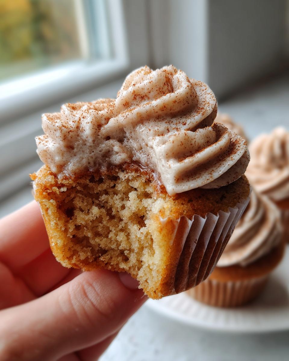 Close-up of a hand holding a churro cupcake with a bite taken out, showing the moist crumb and cinnamon frosting.
