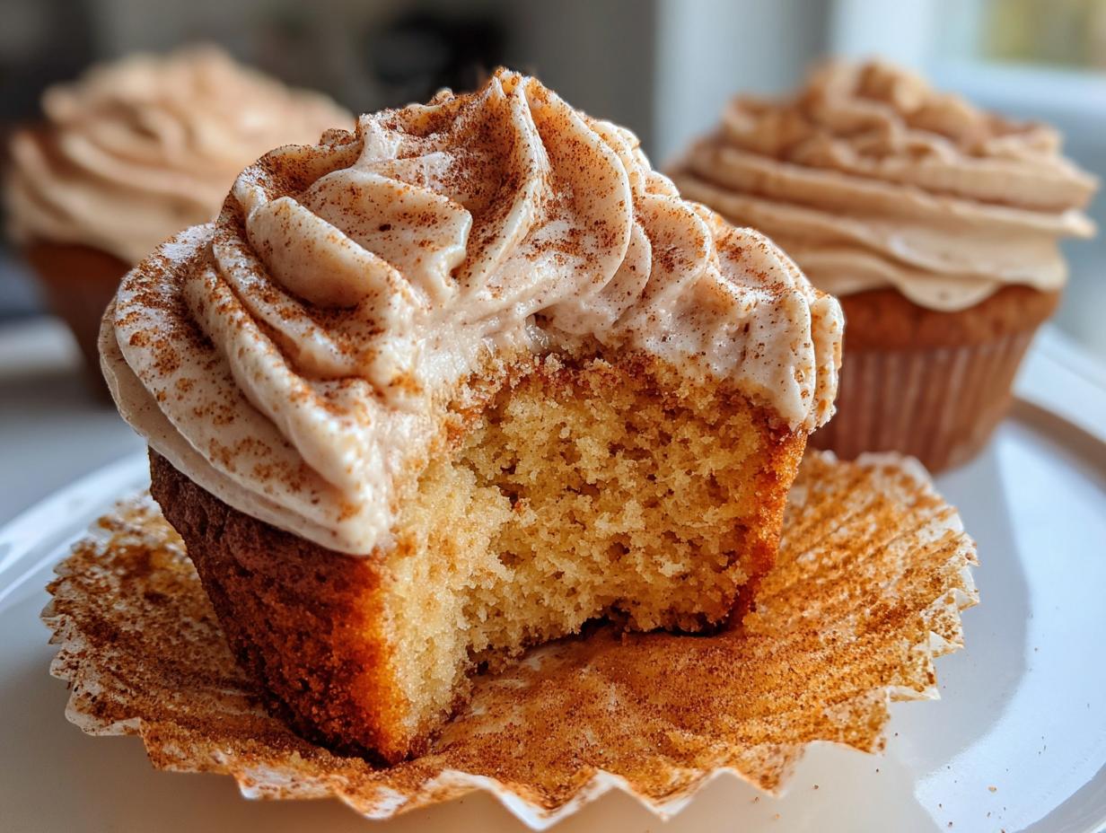 A close-up of a churro cupcake with a bite taken out, showing the moist crumb and cinnamon-dusted frosting.