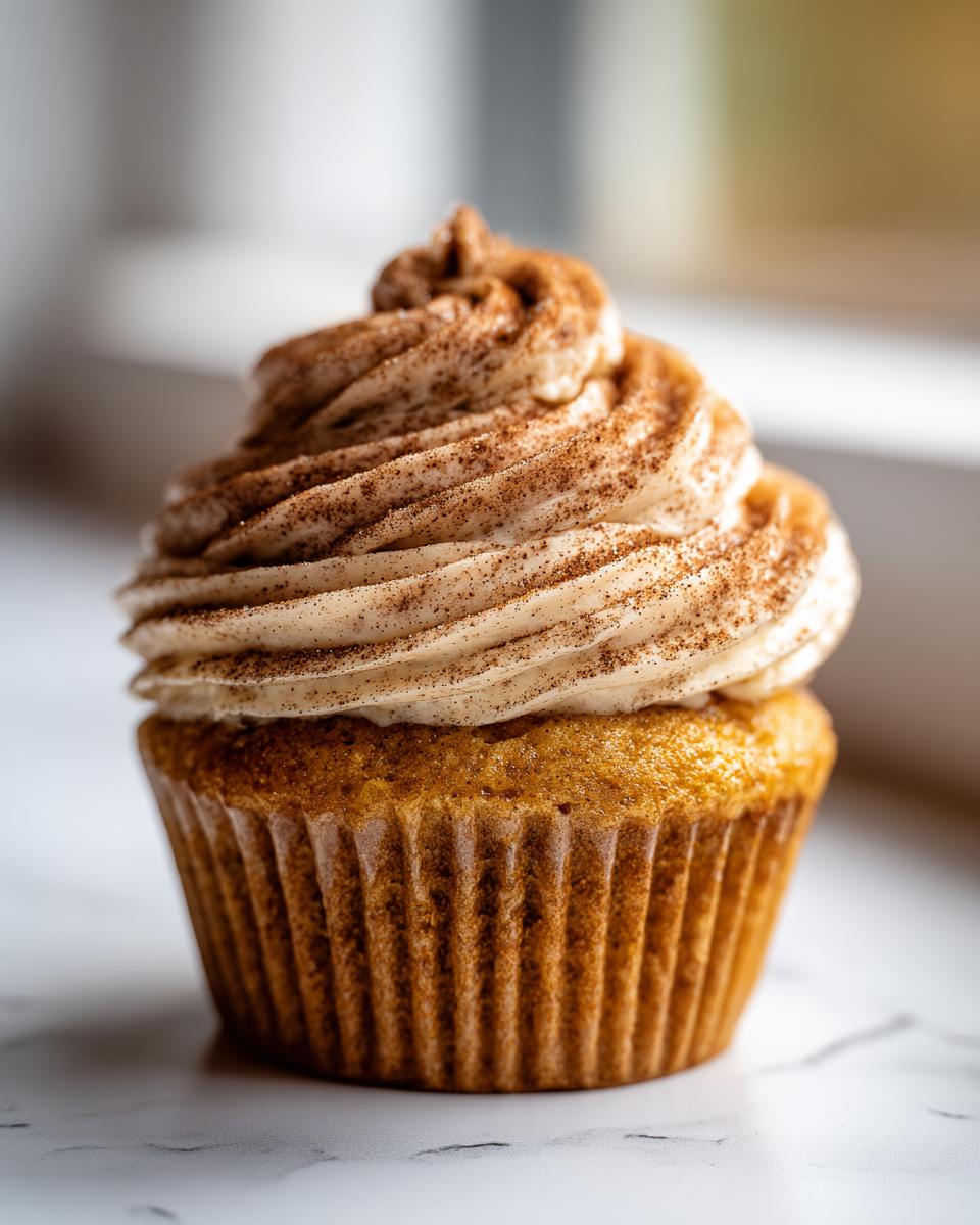 A single, perfectly baked churro cupcake topped with swirled cinnamon frosting dusted heavily with cinnamon sugar.