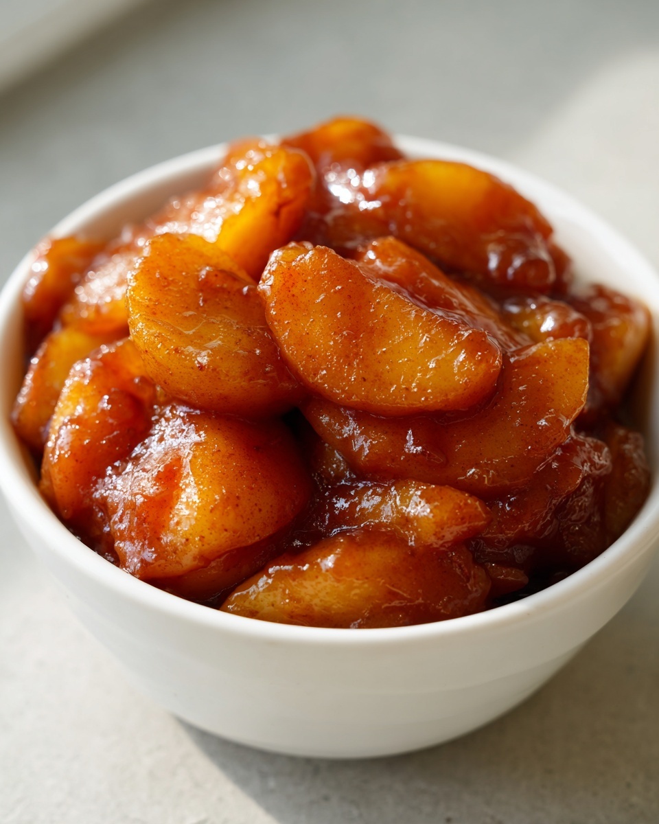 Close-up of rich, glossy apple pie filling slices coated in cinnamon sauce in a small white bowl.