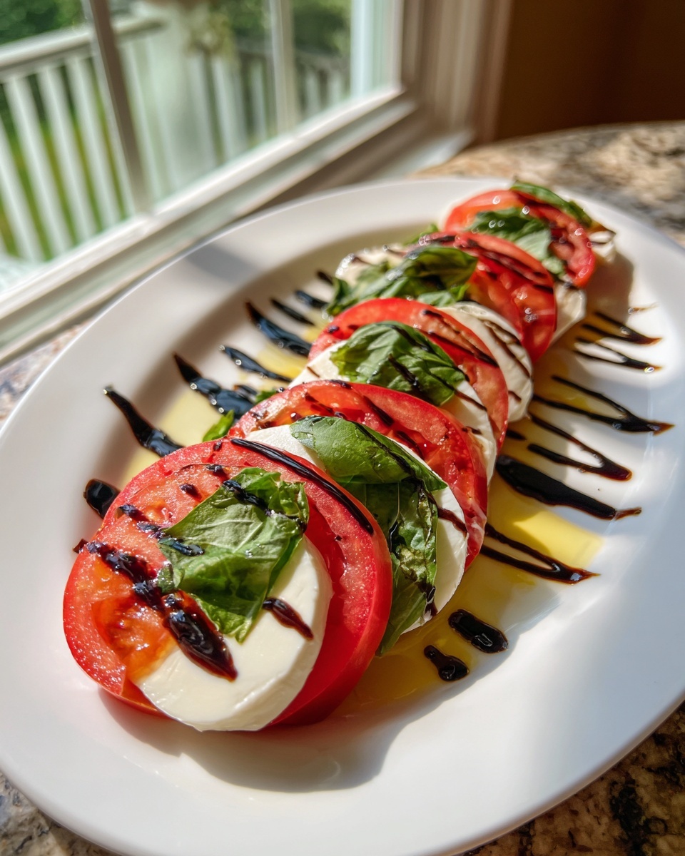 A row of alternating tomato and mozzarella slices forming a caprese salad, drizzled with balsamic glaze.