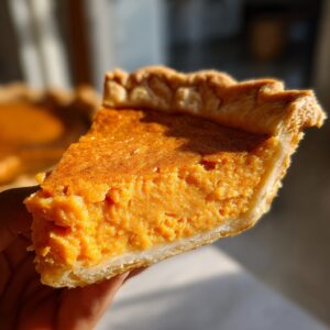 Close-up of a hand holding a perfectly sliced piece of bright orange sweet potato pie with a flaky crust.