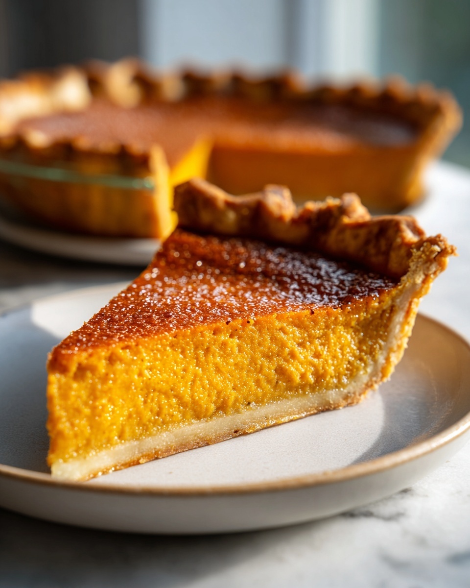 A beautiful, clean-slicing wedge of bright orange sweet potato pie dusted with sugar.