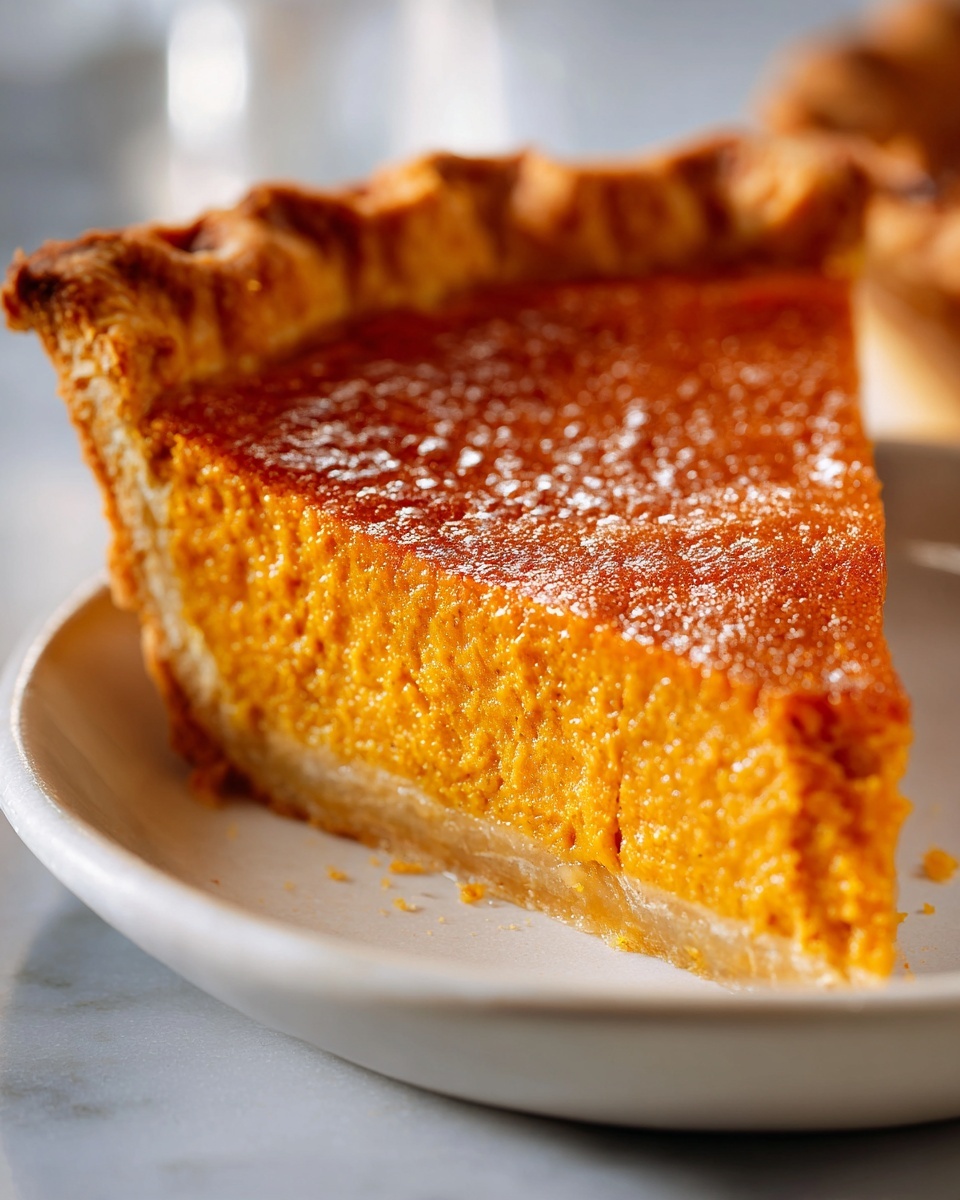 A close-up of a perfectly sliced piece of bright orange sweet potato pie on a white plate.