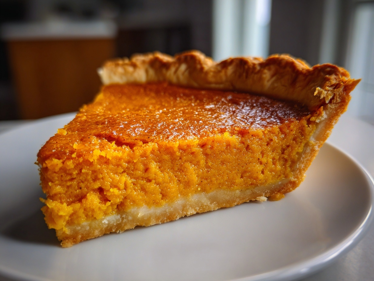 A close-up of a perfectly sliced piece of rich orange sweet potato pie resting on a white plate.