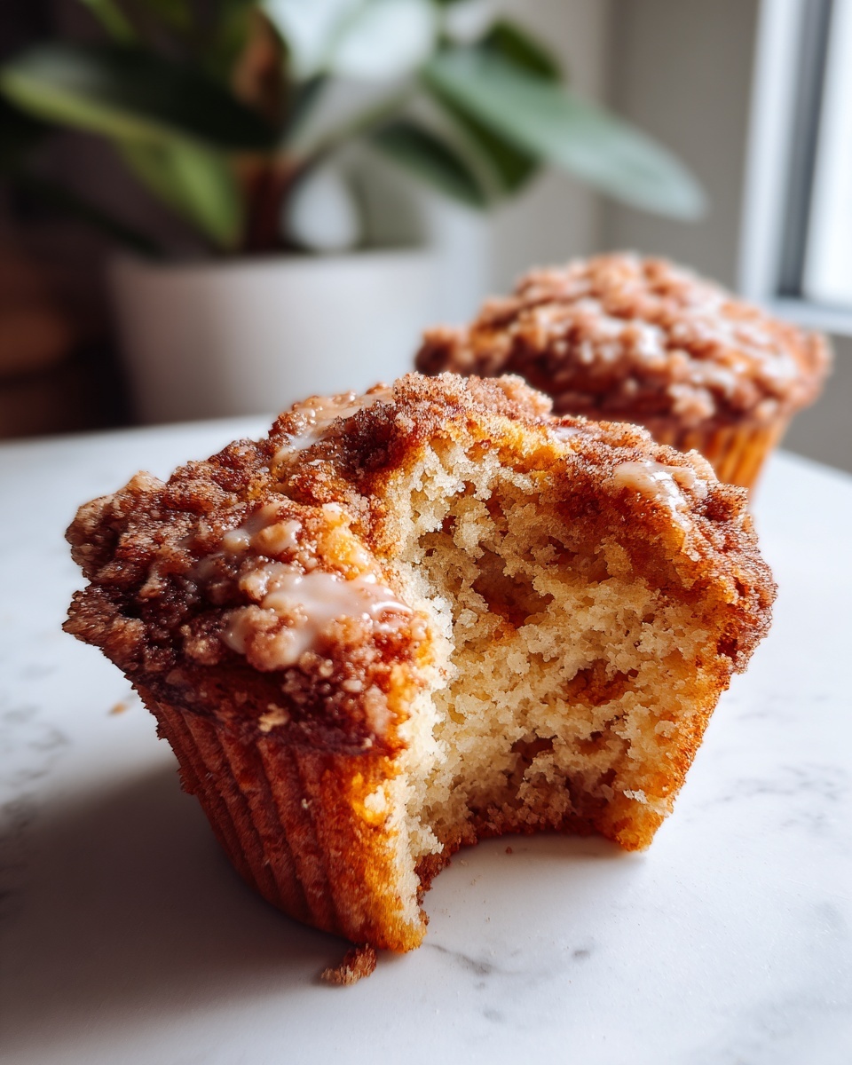 A close-up of a coffee cake muffin with a bite taken out, showing the crumb and streusel topping.