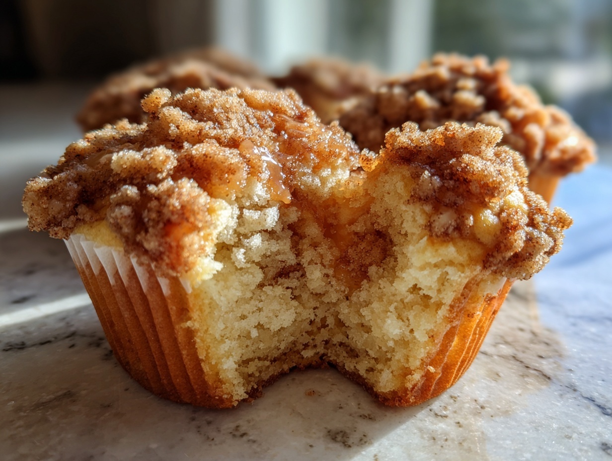 A close-up of a coffee cake muffin with a bite taken out, showing the moist interior and cinnamon streusel topping.
