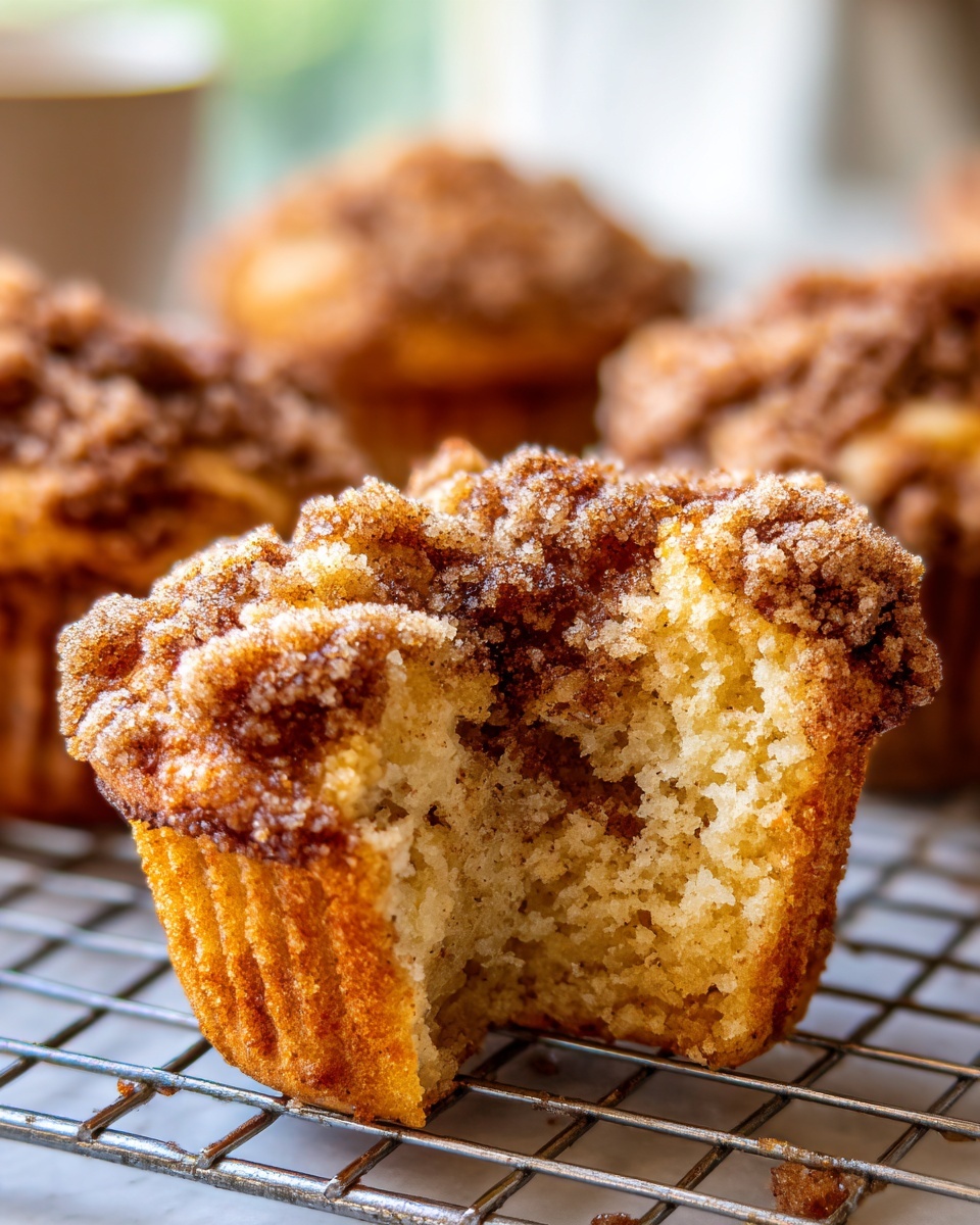 A close-up of a coffee cake muffin with a bite taken out, showing the moist crumb and thick cinnamon streusel topping.