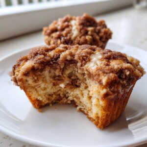A coffee cake muffin with a bite taken out, showing the soft interior and thick cinnamon streusel topping.
