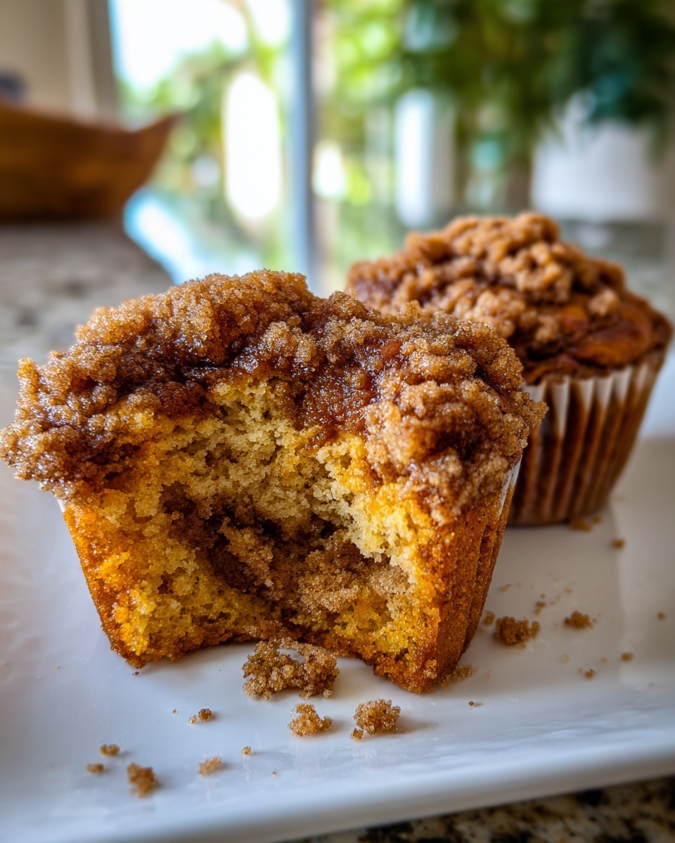 A coffee cake muffin broken open showing the moist interior and thick cinnamon streusel topping.