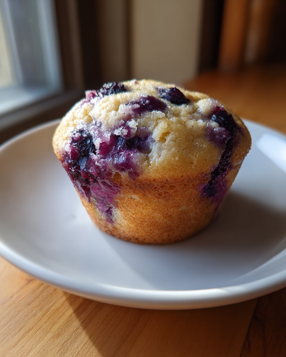 A single, golden-brown cottage cheese blueberry muffin with visible purple berries, sitting on a white plate.