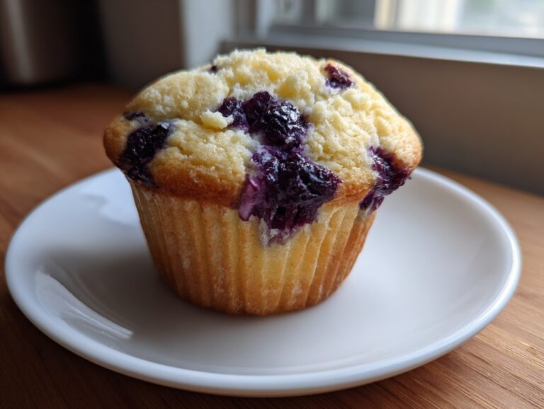 A single, freshly baked cottage cheese blueberry muffin sitting on a small white plate.