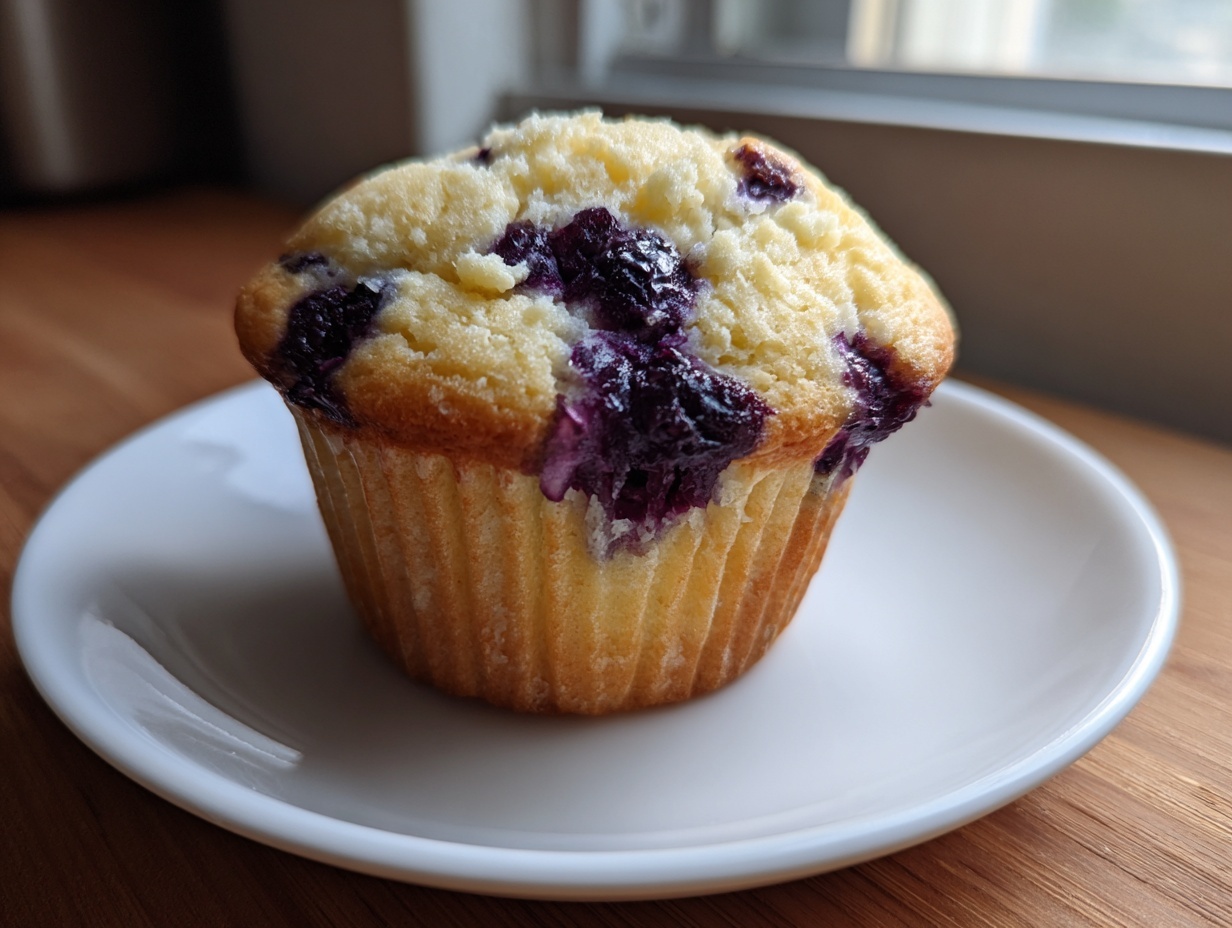 A single, freshly baked cottage cheese blueberry muffin sitting on a small white plate.