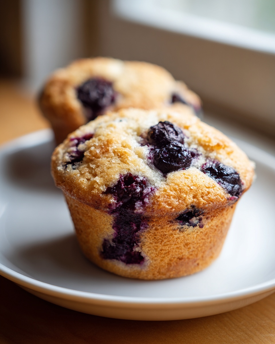 A close-up of a golden-brown cottage cheese blueberry muffin topped with baked blueberries, sitting on a white plate.