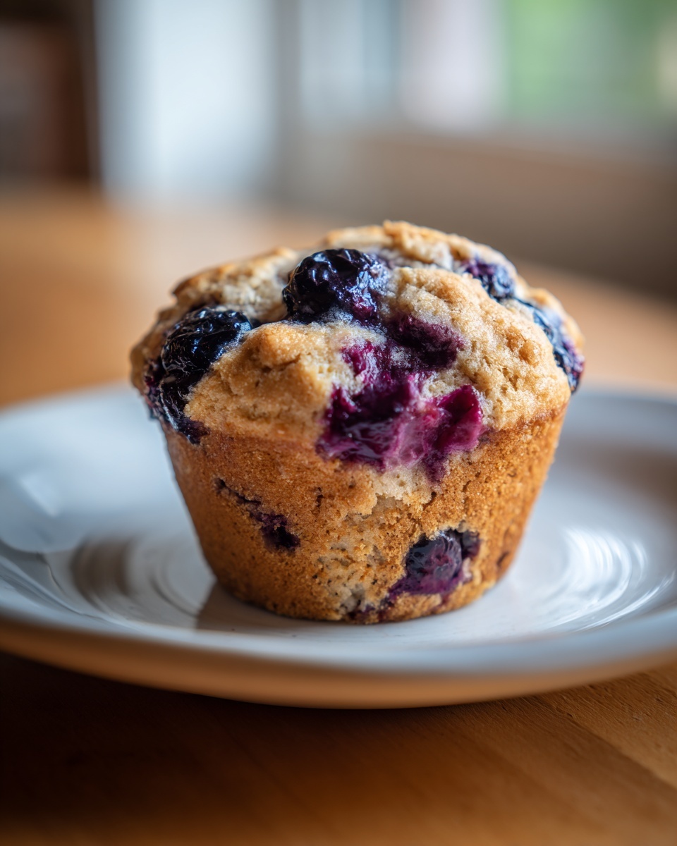 A single, golden-brown cottage cheese blueberry muffin with bursting purple berries sits on a white plate.
