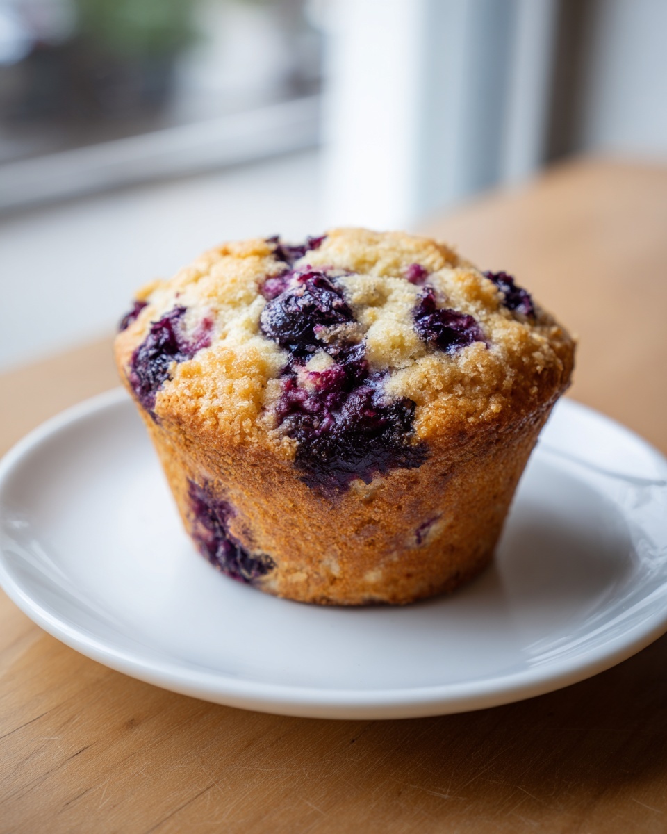 A single, golden-brown cottage cheese blueberry muffin topped with streusel sits on a white plate.