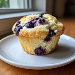 A single, perfectly baked cottage cheese blueberry muffin with a golden top and visible blueberries, sitting on a white plate.