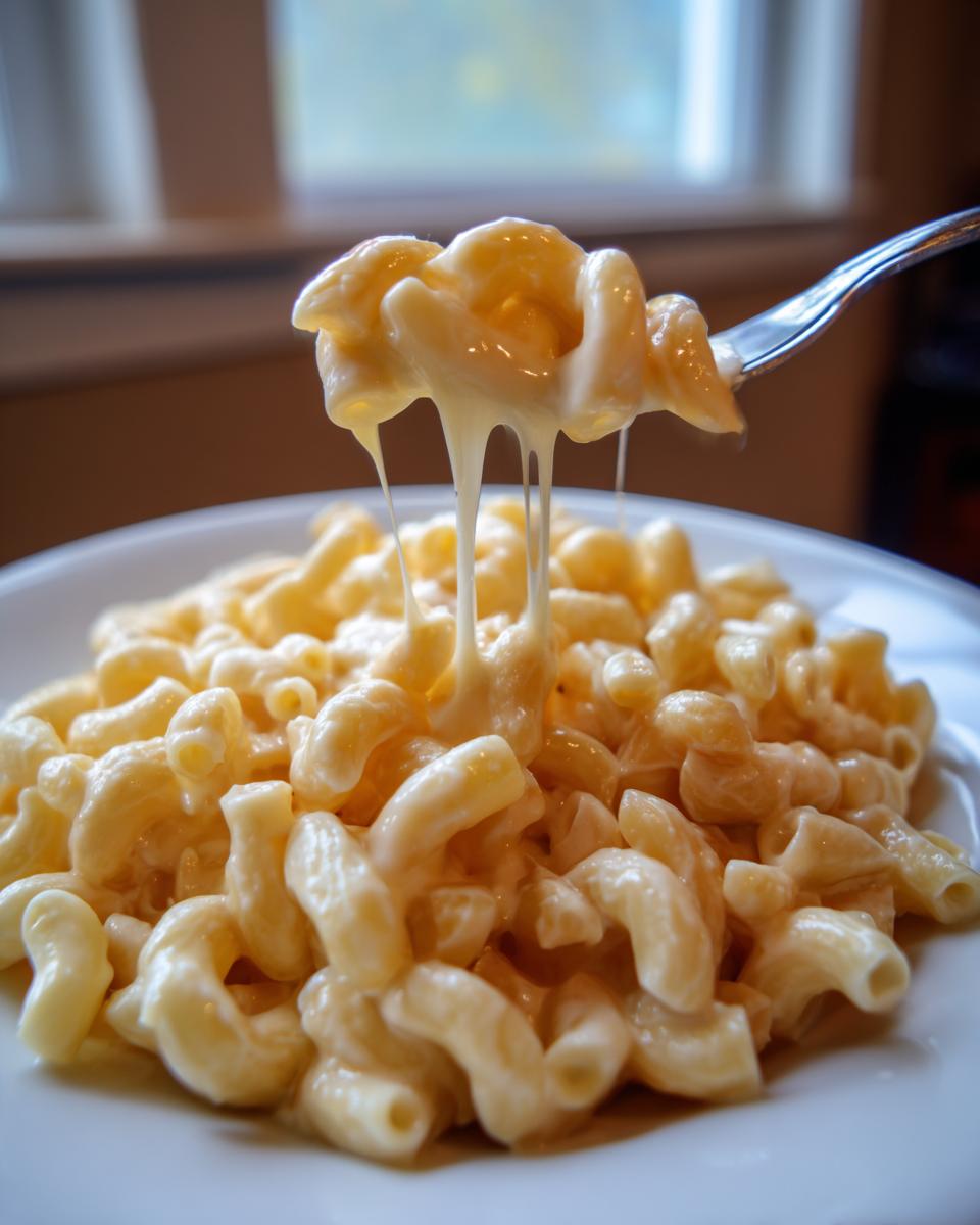 A fork lifts a bite of creamy cottage cheese mac and cheese, showing long, gooey cheese strings stretching down.