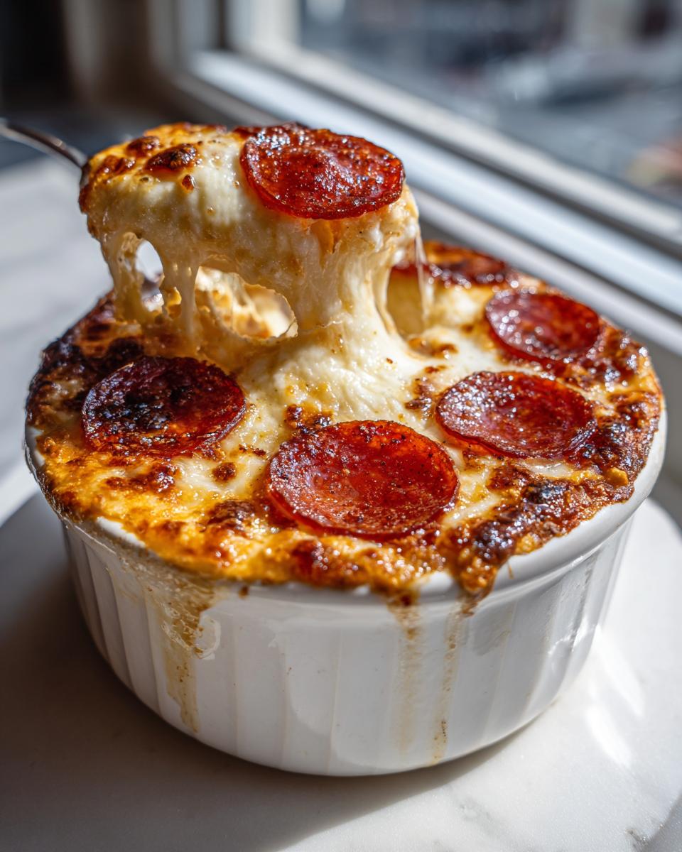 A spoonful of cheesy, baked cottage cheese pizza bowl being lifted, showing extreme cheese pull and pepperoni slices.