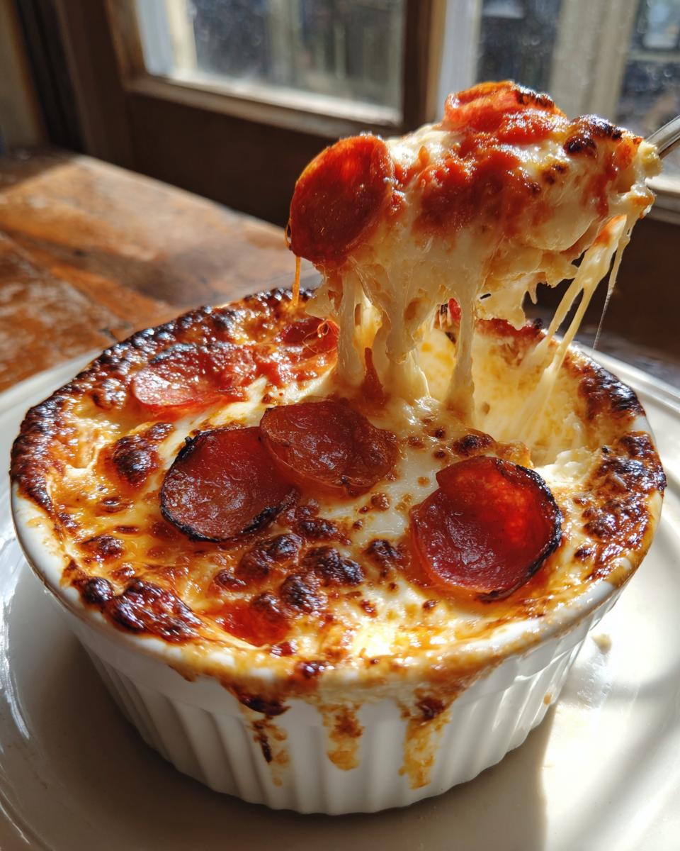 A spoonful of cheesy, bubbling cottage cheese pizza bowl being lifted, showing long cheese pulls.
