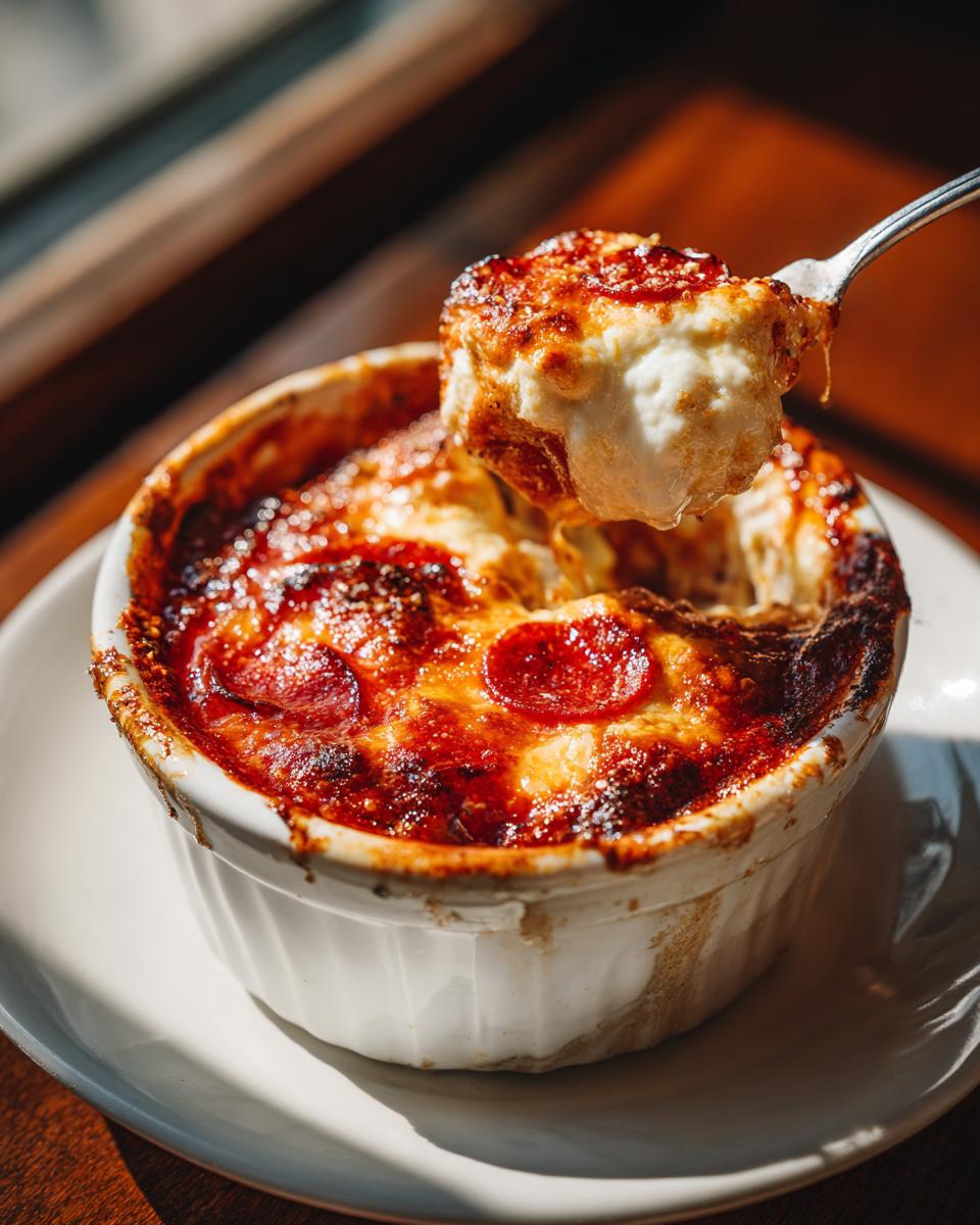 A spoonful of baked cottage cheese pizza bowl being lifted from a white ramekin, showing melted cheese and pepperoni.