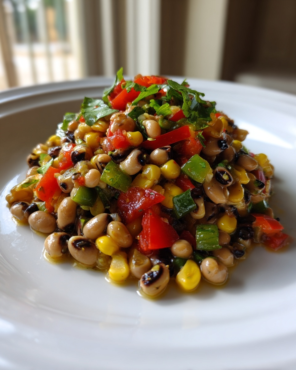 A mound of fresh cowboy caviar featuring black-eyed peas, corn, red peppers, and green peppers on a white plate.