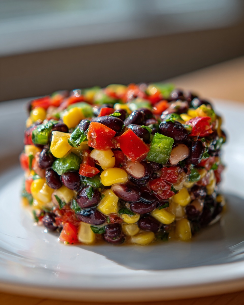 A molded serving of colorful cowboy caviar featuring black beans, corn, peppers, and tomatoes on a white plate.