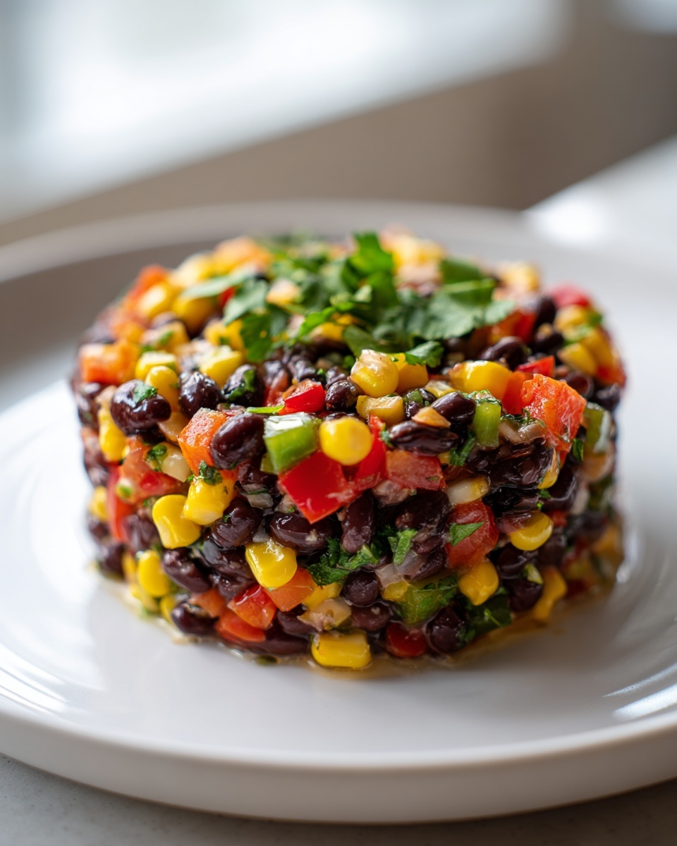 A molded serving of colorful cowboy caviar featuring black beans, corn, tomatoes, and peppers.