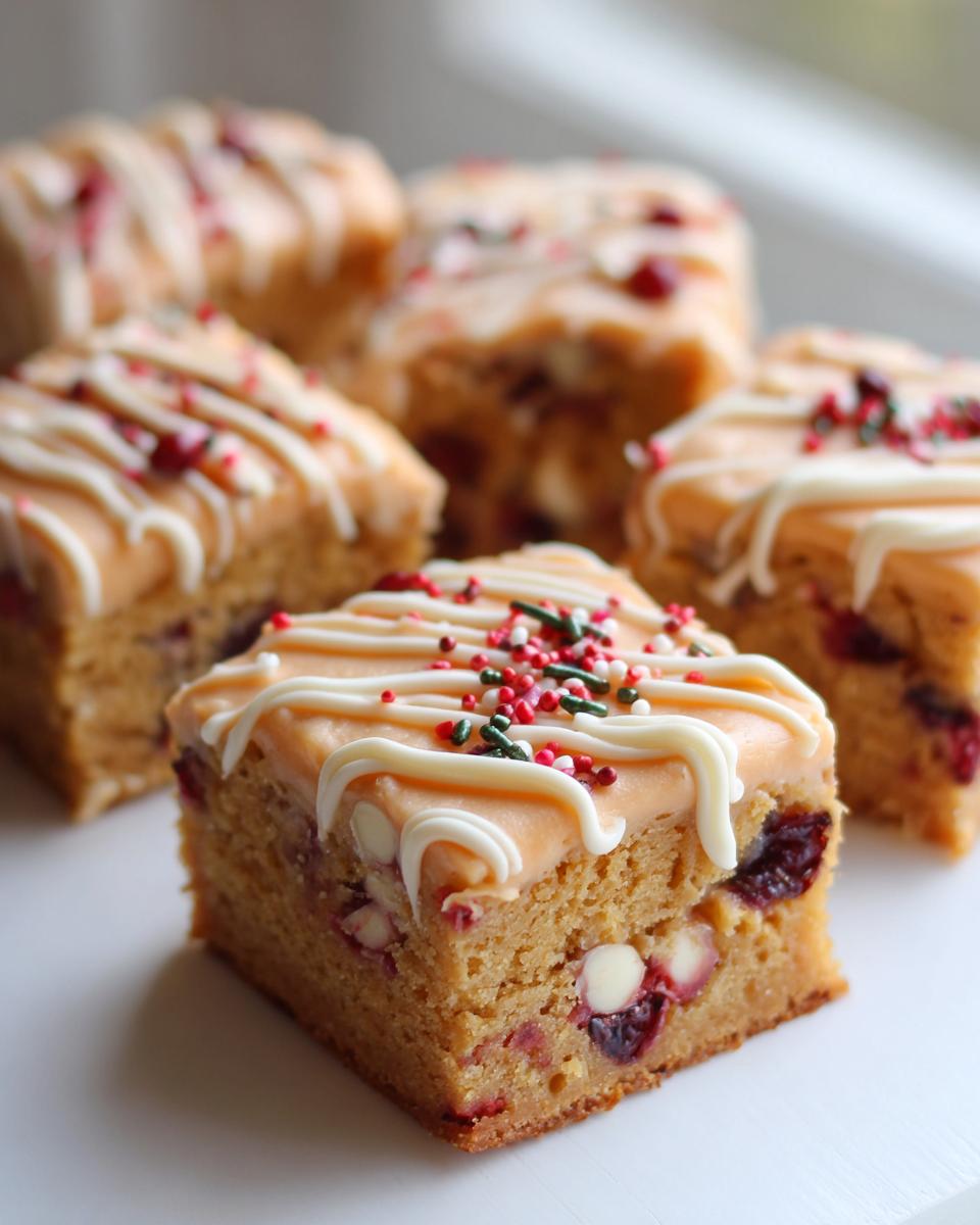 A square of cranberry bliss bars topped with orange frosting, white chocolate drizzle, and festive sprinkles.