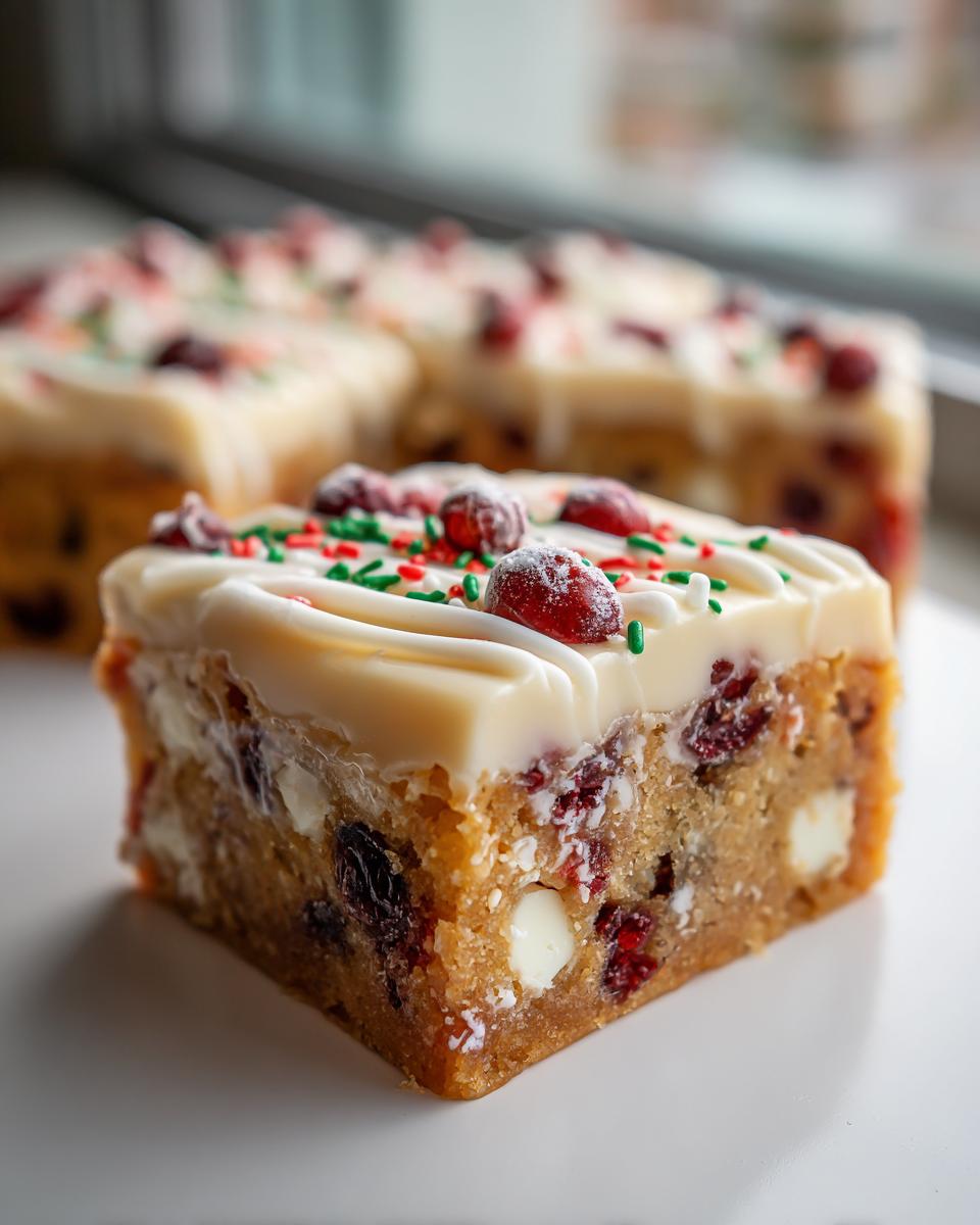 A single, thick cranberry bliss bars square topped with white chocolate frosting, sprinkles, and sugared cranberries.