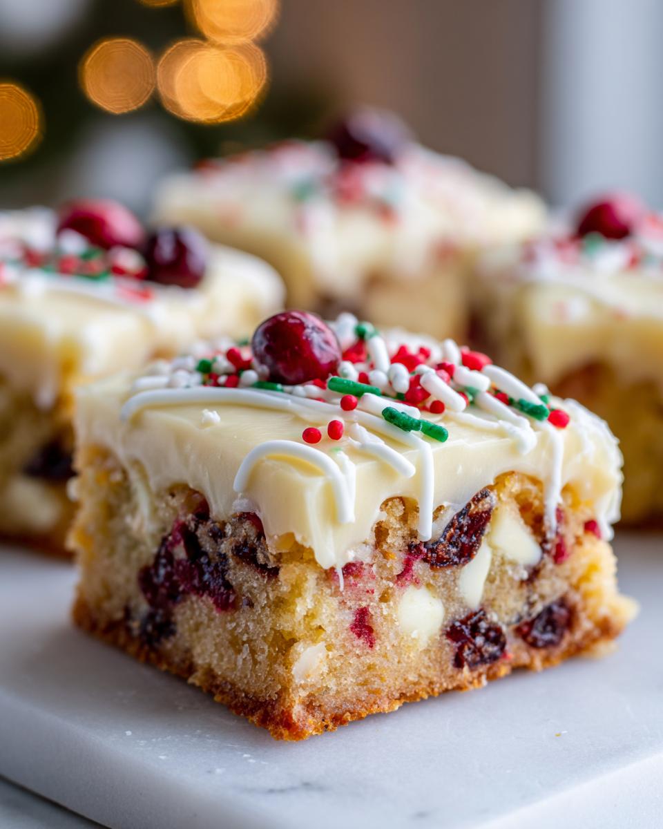 A close-up of a square cranberry bliss bar topped with white chocolate icing, sprinkles, and a whole cranberry.