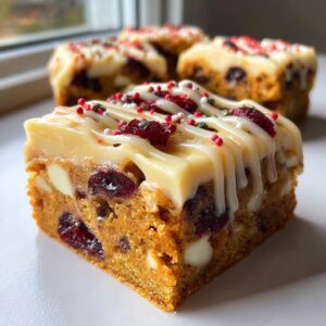 A close-up of a single square of cranberry bliss bars topped with white chocolate drizzle and festive sprinkles.
