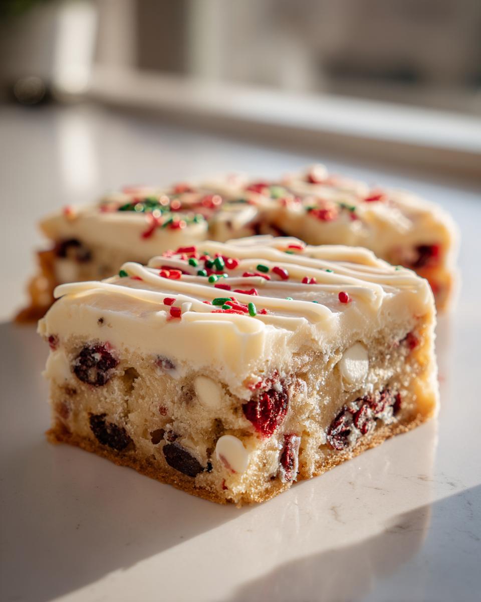 A close-up, sunlit shot of a thick cranberry bliss bars square showing white chocolate chips and dried cranberries inside.