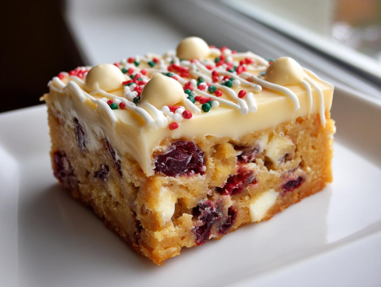 A close-up of a single, thick cranberry bliss bars square topped with white chocolate frosting and festive sprinkles.