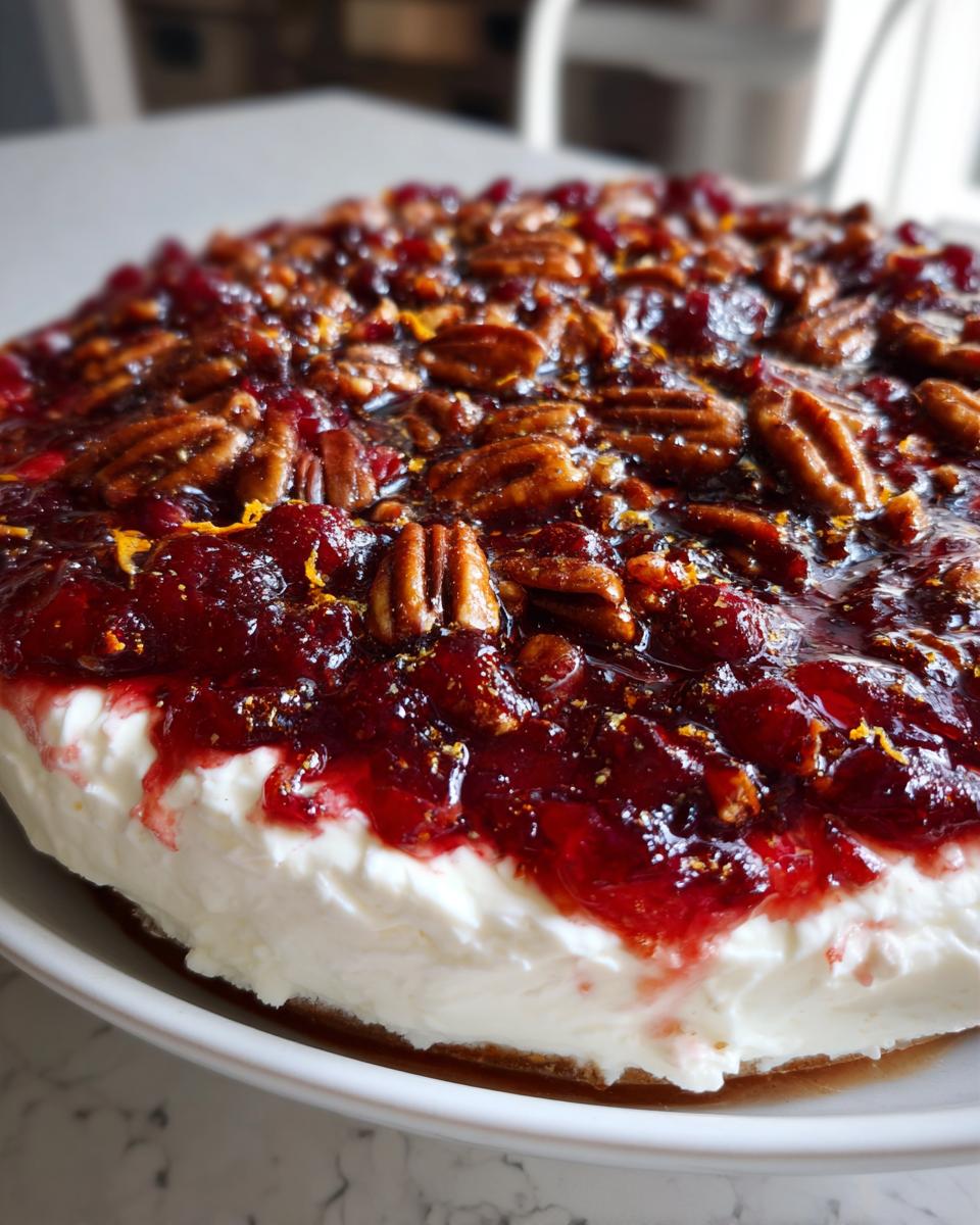 Close-up of a thick cranberry cream cheese dip topped with glossy cranberry sauce, pecans, and orange zest.