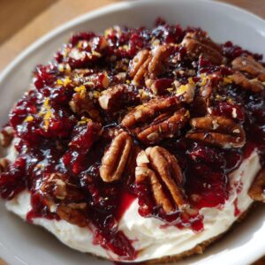 Close-up of a rich cranberry cream cheese dip topped with whole pecans and orange zest.
