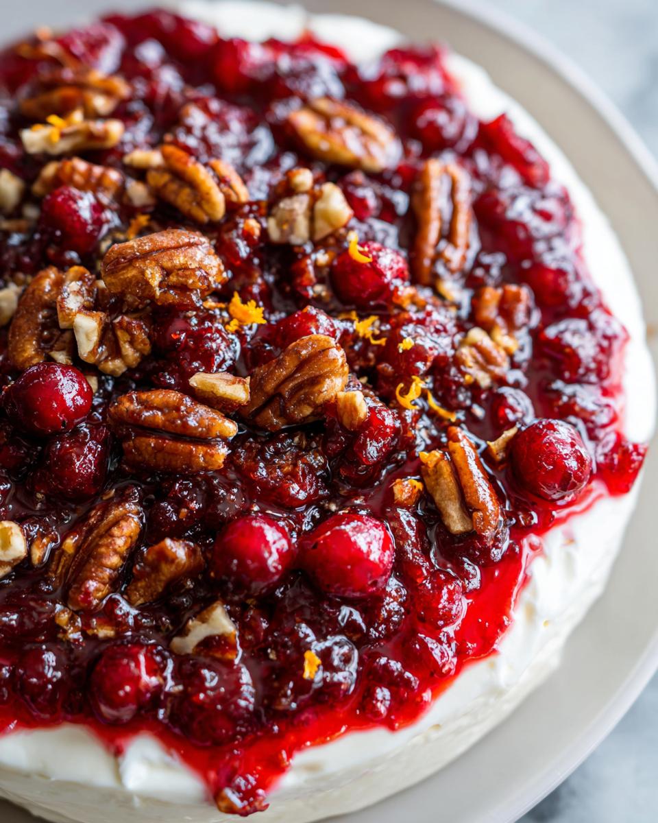 A close-up overhead shot of a vibrant cranberry cream cheese dip topped with whole pecans and orange zest.