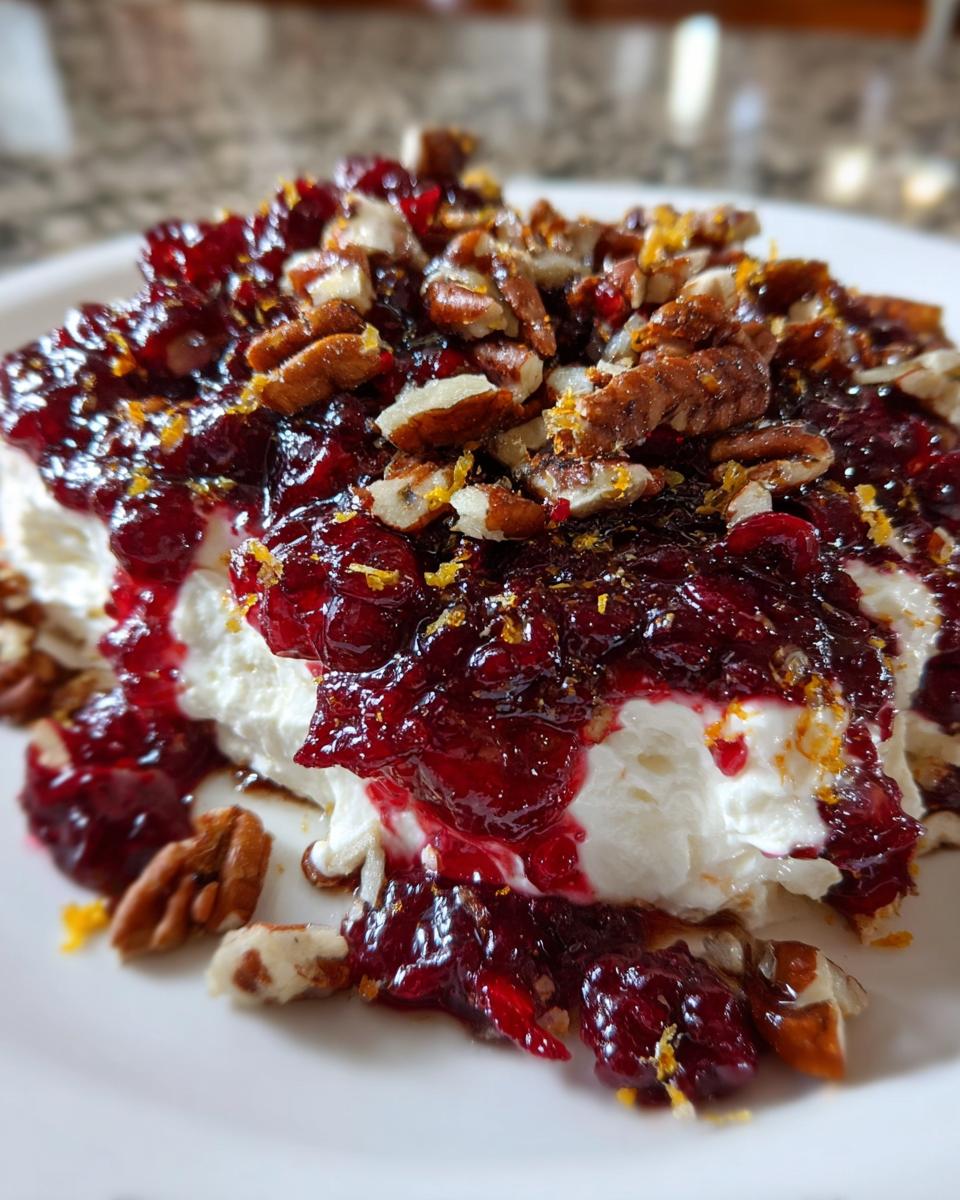 Close-up of a rich cranberry cream cheese dip topped with chopped pecans and orange zest.