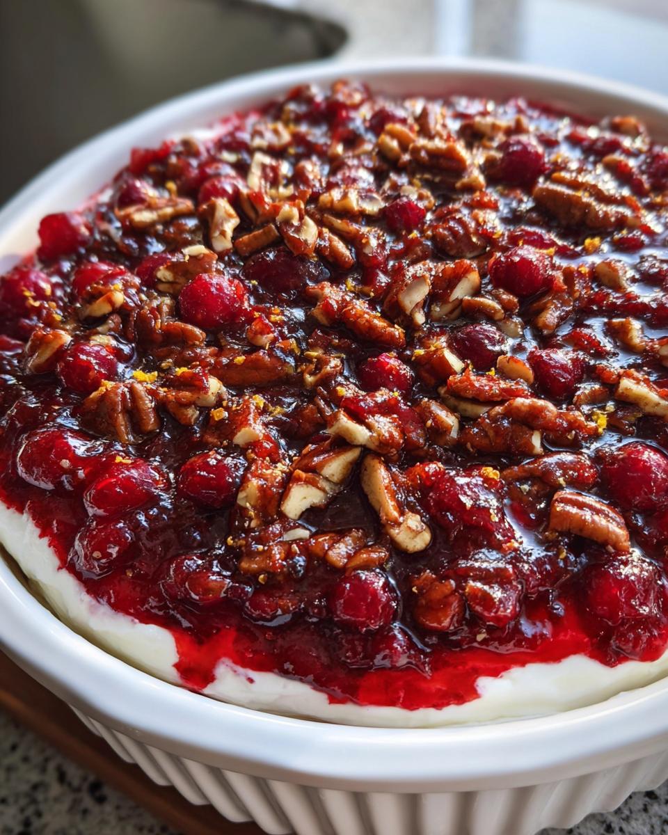 Close-up of a white dish filled with cranberry cream cheese dip topped with whole cranberries, pecan pieces, and zest.