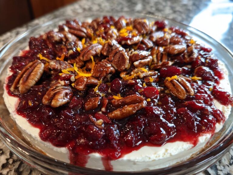 Close-up of a stunning cranberry cream cheese dip topped with whole pecans and orange zest.