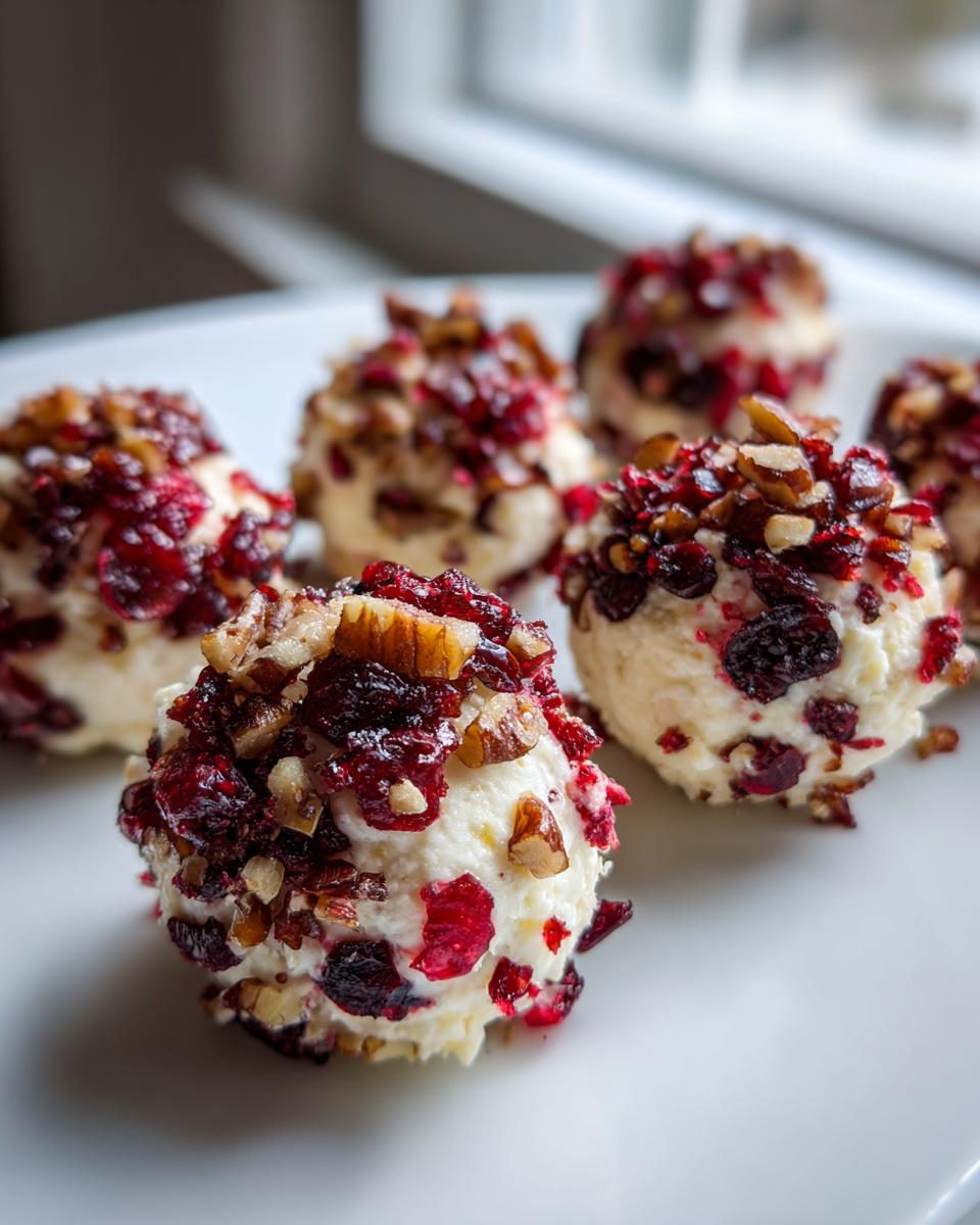 Close-up of creamy goat cheese balls rolled in dried cranberries and chopped pecans.