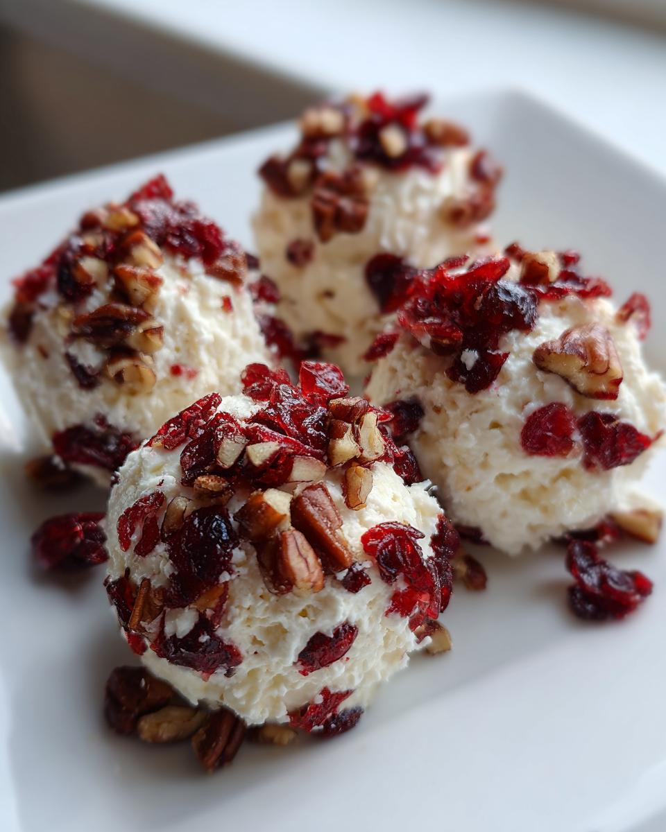 Four creamy goat cheese balls topped generously with chopped pecans and dried cranberries on a white plate.